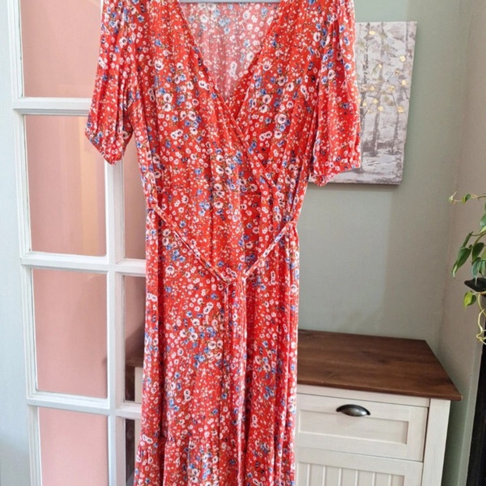 Orange and White Puff Sleeve Wrap Sundress